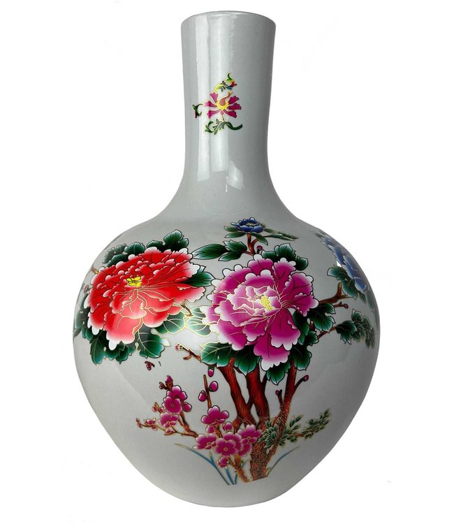 Vaso Cinese Bianco Peonie Fatto a Mano D41xH57cm