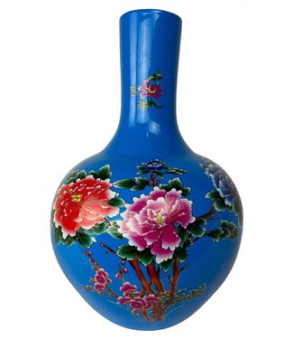 Fine Asianliving Chinesische Vase Blau Pfingstrosen Handgefertigt D41xH57cm
