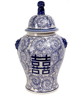 Fine Asianliving Chinesische Vase mit Deckel Blau Weiß Porzellan Handbemalt Doppeltes Glück D25xH46cm