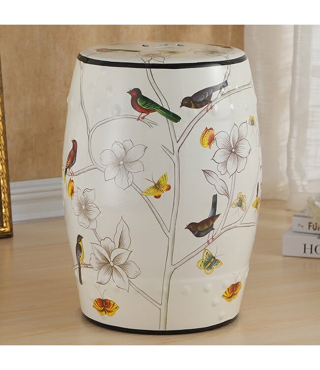 Sgabello in Ceramica Bianco Uccelli Fatto a Mano - Tayla D30xH45cm