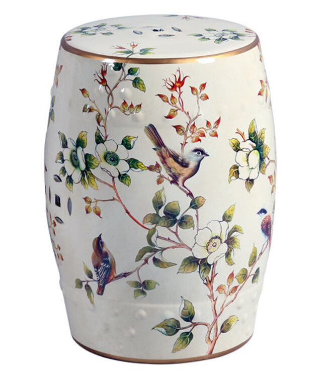 Sgabello in Ceramica Bianco Uccelli Fatto a Mano - Athela D30xH45cm