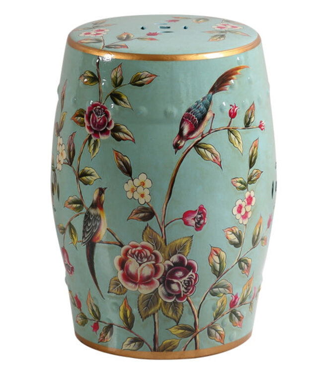 Ceramic Garden Stool Blue Peonies Handmade - Xyla D30xH45cm