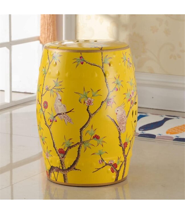 Ceramic Garden Stool Yellow Parrots Handmade - Elena D30xH45cm