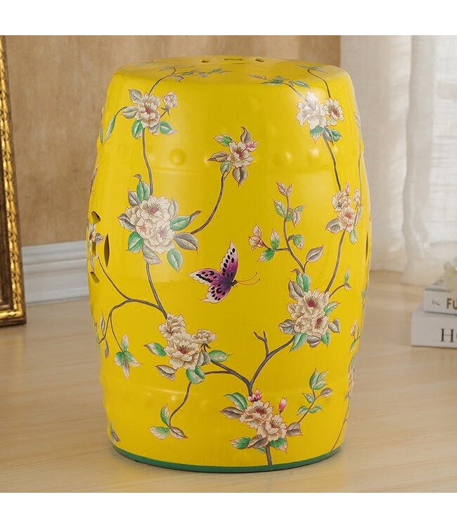 Tabouret Céramique Jaune Fleurs Fait Main - Emelyn D30xH45cm
