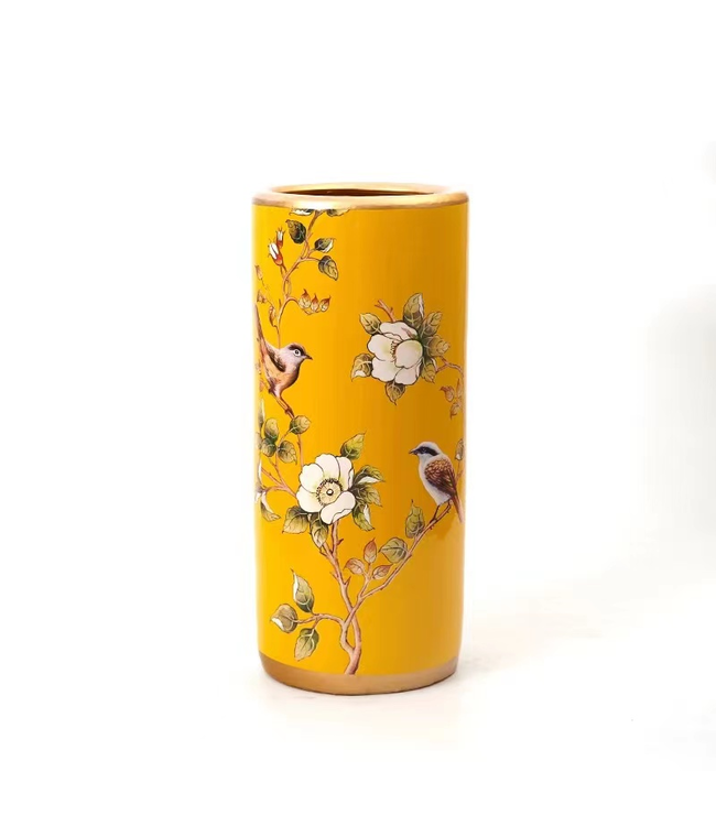 Ceramic Umbrella Stand Vase Yellow Birds Handmade Wynoa D20xH45cm