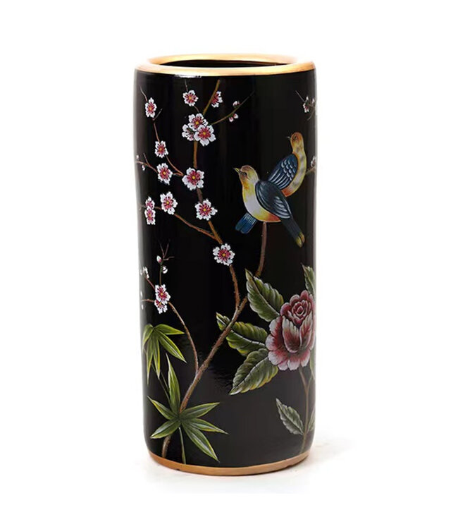 Porte-Parapluie Céramique Vase Noir Fleurs Fait Main - Calista D20xH45cm