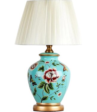 Fine Asianliving Lampe de Table en Porcelaine Bleu Pivoines Fait Main - Aquila D30xH50cm