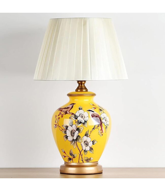 Chinese Table Lamp Porcelain Yellow Magnolia Handmade - Genna D30xH48cm