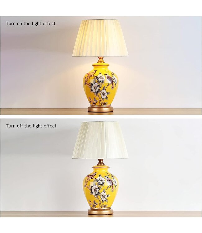 Chinese Table Lamp Porcelain Yellow Magnolia Handmade - Genna D30xH48cm