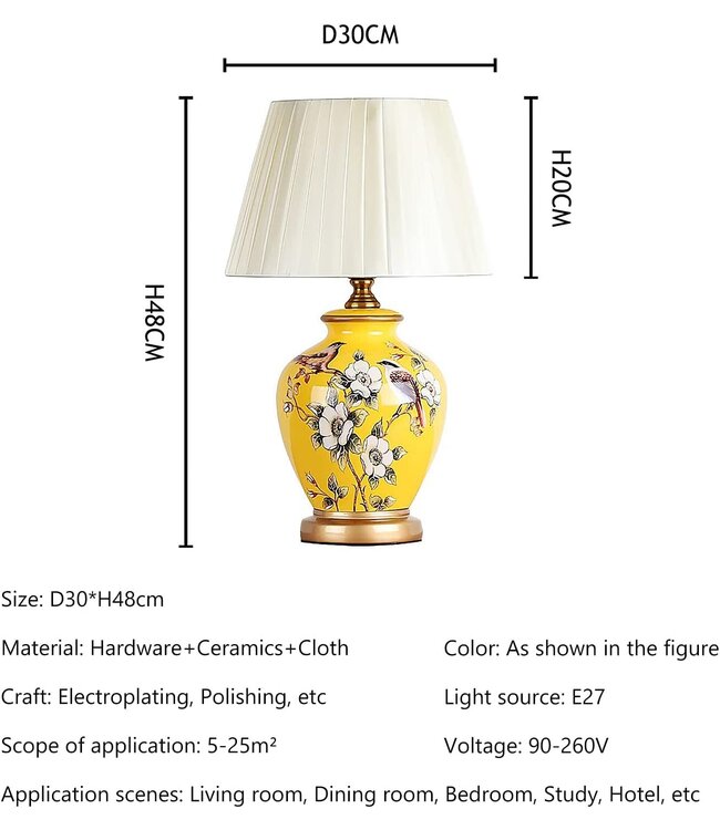 Chinese Table Lamp Porcelain Yellow Magnolia Handmade - Genna D30xH48cm