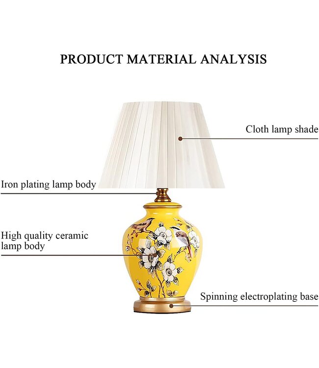 Chinese Tafellamp Porselein Geel Magnolia Handgemaakt - Genna D30xH48cm