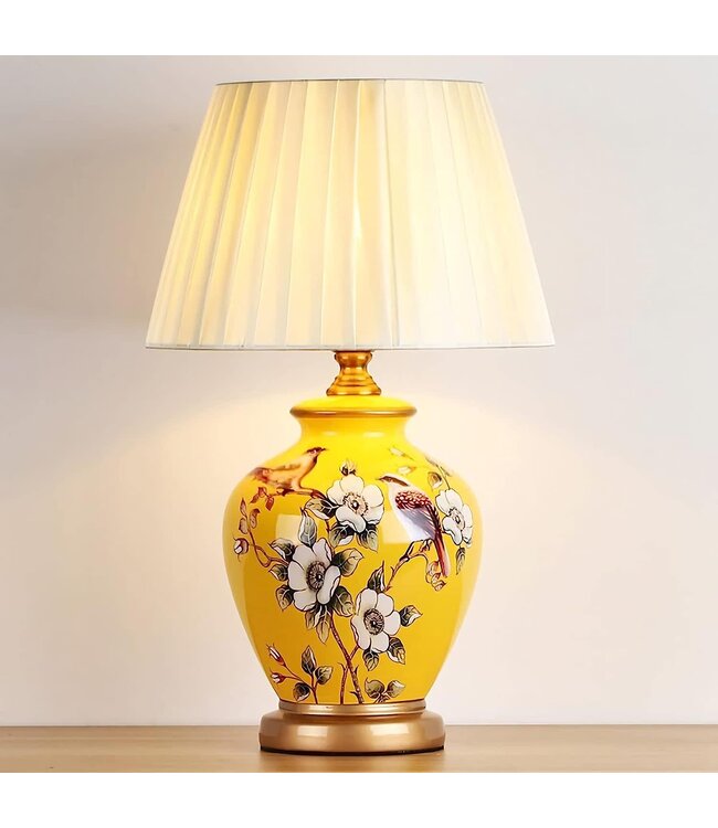 Chinese Table Lamp Porcelain Yellow Magnolia Handmade - Genna D30xH48cm