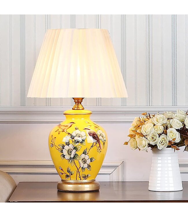 Chinese Table Lamp Porcelain Yellow Magnolia Handmade - Genna D30xH48cm