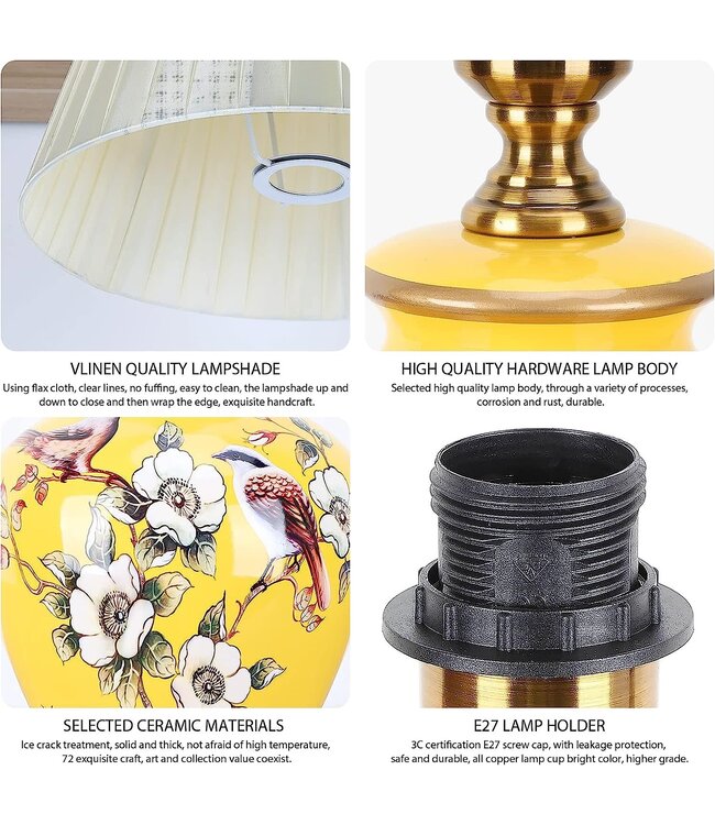 Chinese Tafellamp Porselein Geel Magnolia Handgemaakt - Genna D30xH48cm