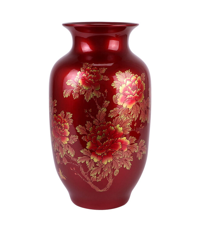 Vase Chinois Rouge Or Pivoines Fait Main - Aurore D20xH35cm