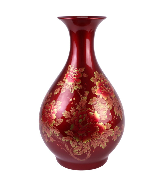 Chinese Vaas Porselein Rood Goud Pioenen Handgemaakt - Aurore D22xH37cm