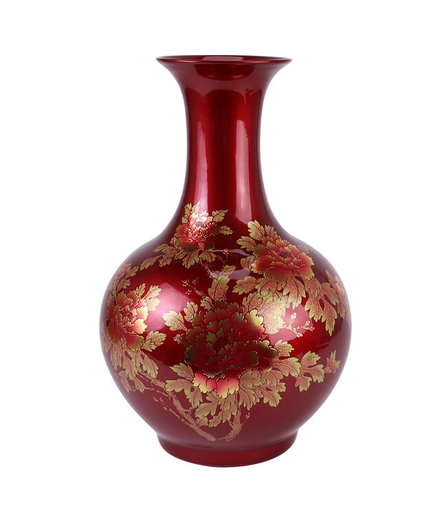 Vase Chinois Rouge Or Pivoines Fait Main - Aurore D25xH39cm