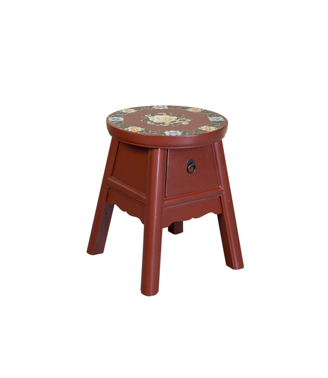 Chinese Stool Midnight Red Handpainted Tibetan Inspired D32xH41cm