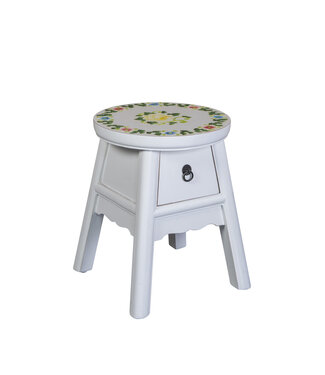 Fine Asianliving Tabouret Chinois Blanc Peint à la Main d'Inspiration Tibétaine P32xH41cm