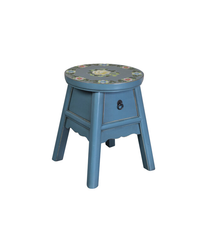 Chinesischer Hocker Blau Handbemalt Tibetisch Inspiriert T32xH41cm