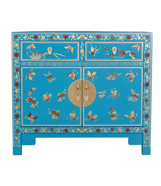 Chinese Kast Hemelsblauw Vlinders Handbeschilderd - Orientique Collectie B90xD40xH80cm