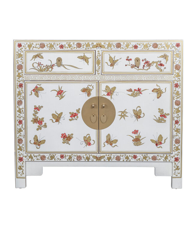 Armoire Chinoise Blanc Papillons Peint à la Main  - Orientique Collection L90xP40xH80cm