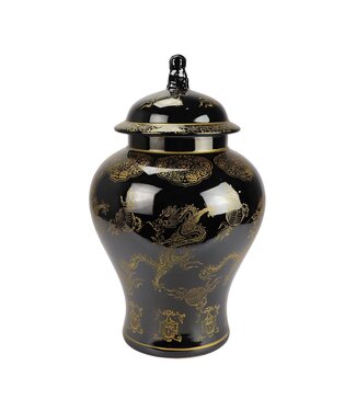 Fine Asianliving Chinesischer Vase mit Deckel Porzellan Schwarz Drache Handgefertigt D29xH46cm