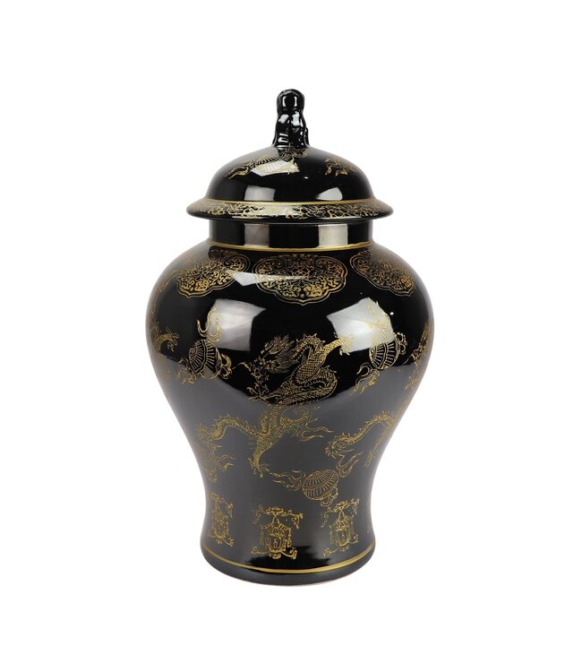 Pot à Gingembre Chinois Porcelaine Noir Dragon Peint à la Main D29xH46cm