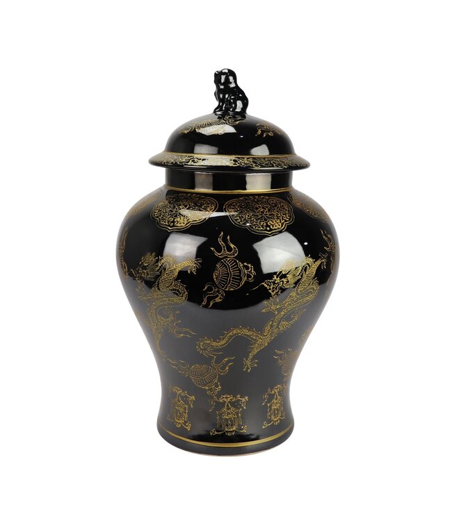 Tarro de Jengibre Chino Porcelana Negro Dragón Pintado a Mano D29xAl46cm