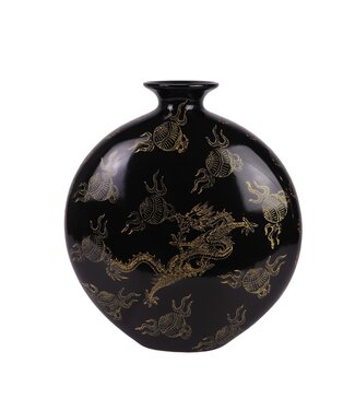 Fine Asianliving Vase Chinois Porcelaine Noir Dragon Peint à la Main L32xP12xH34cm