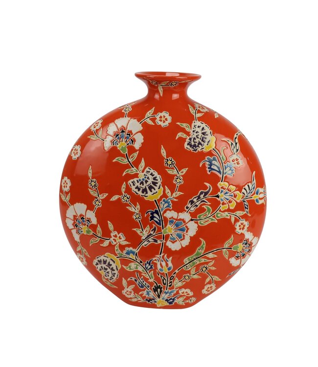 Vase Chinois Porcelaine Orange Fleurs Peint à la Main L32xP12xH34cm