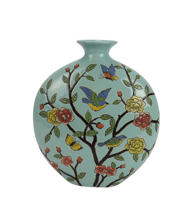 Vase Chinois Porcelaine Bleu Oiseaux Peint à la Main L23xP10xH26cm