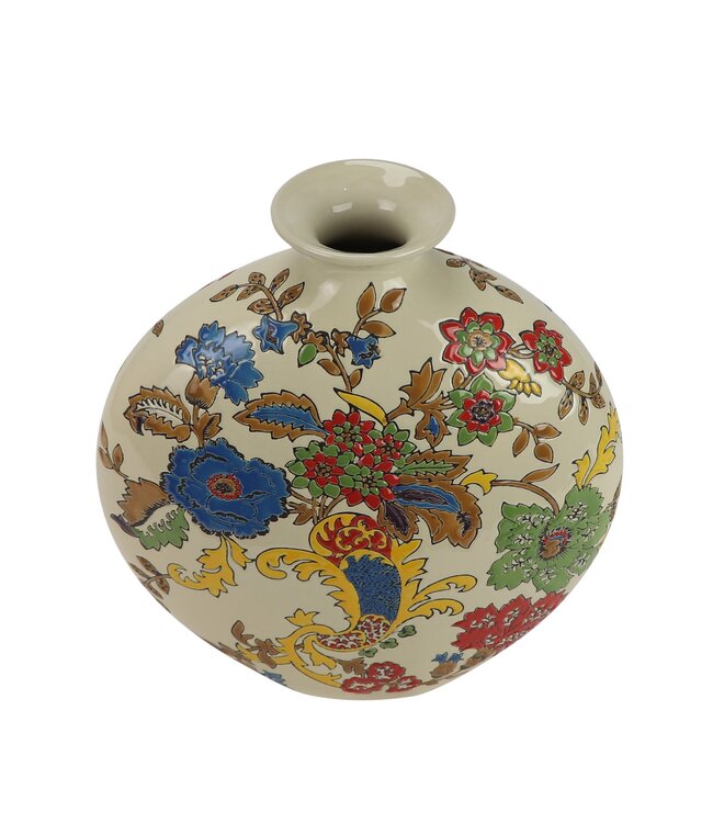 Vase Chinois Porcelaine Blanc Fleurs Peint à la Main L32xP12xH34cm