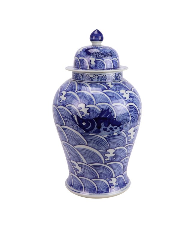 Chinese Ginger Jar Porcelain Blue White Koi Fish Hand-Painted D27xH51cm