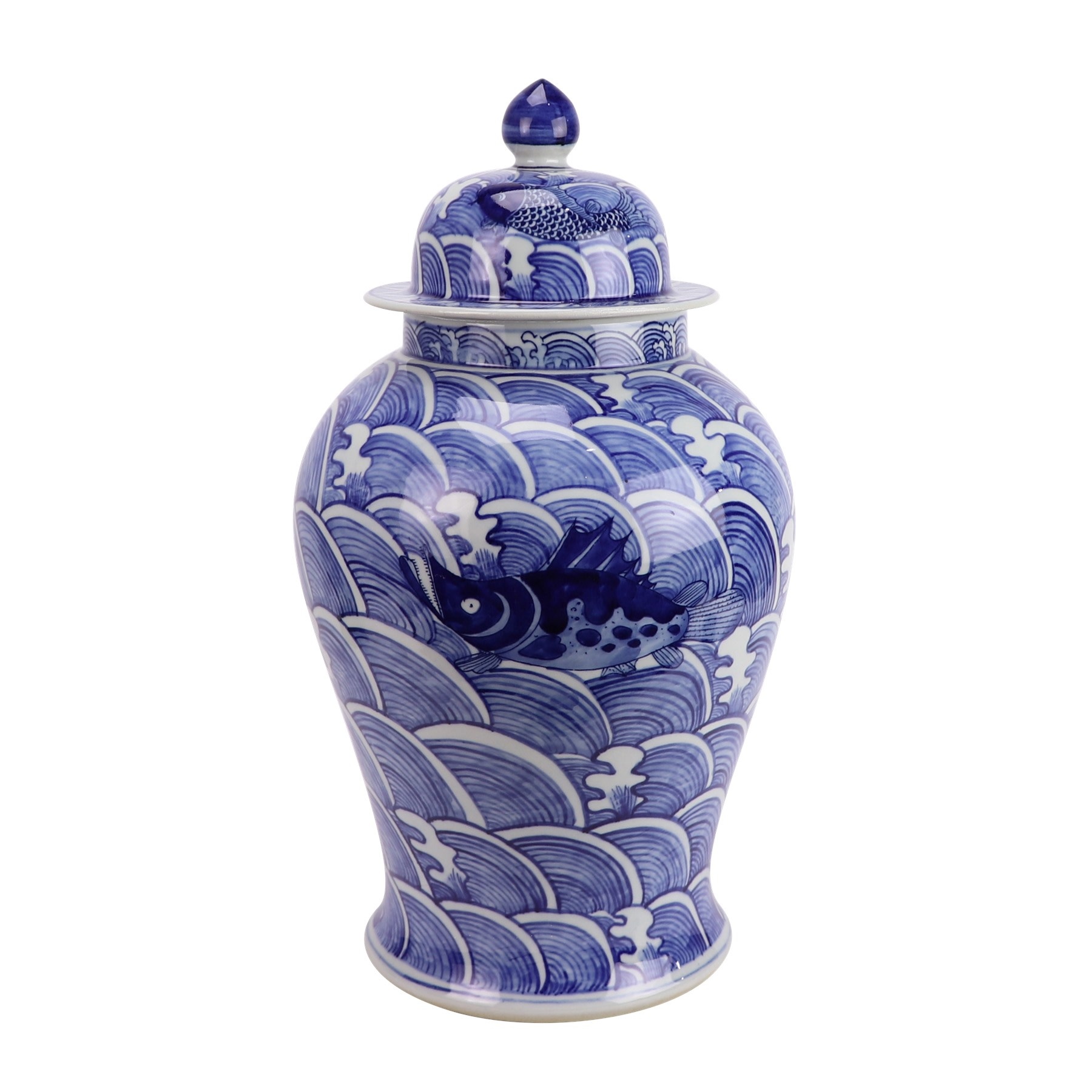 Chinese Ginger Jar Porcelain Blue White Koi Fish HandPainted D27xH51cm