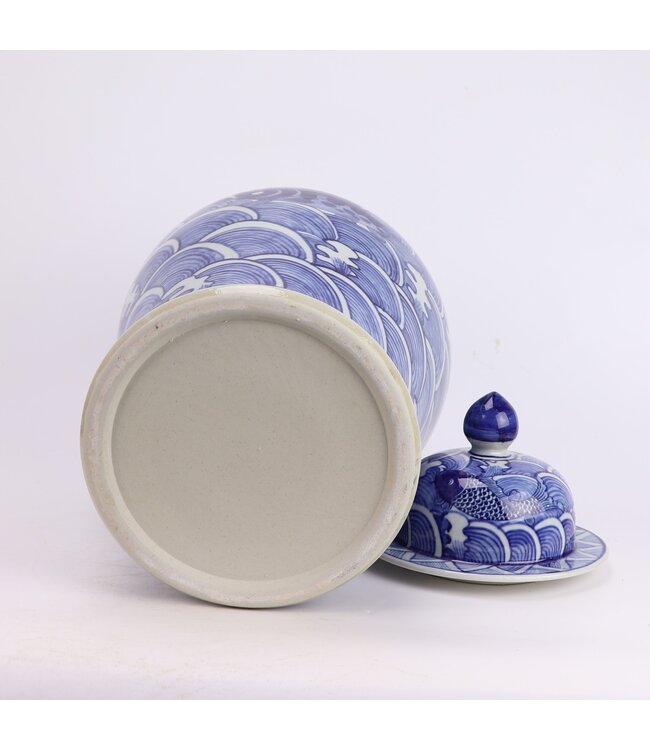 Chinese Ginger Jar Porcelain Blue White Koi Fish Hand-Painted D27xH51cm