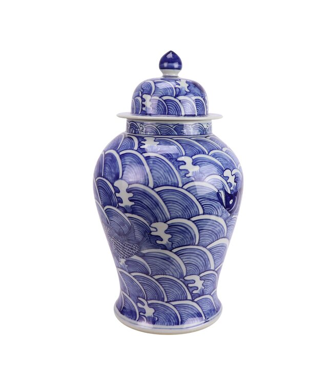Chinese Ginger Jar Porcelain Blue White Koi Fish Hand-Painted D27xH51cm