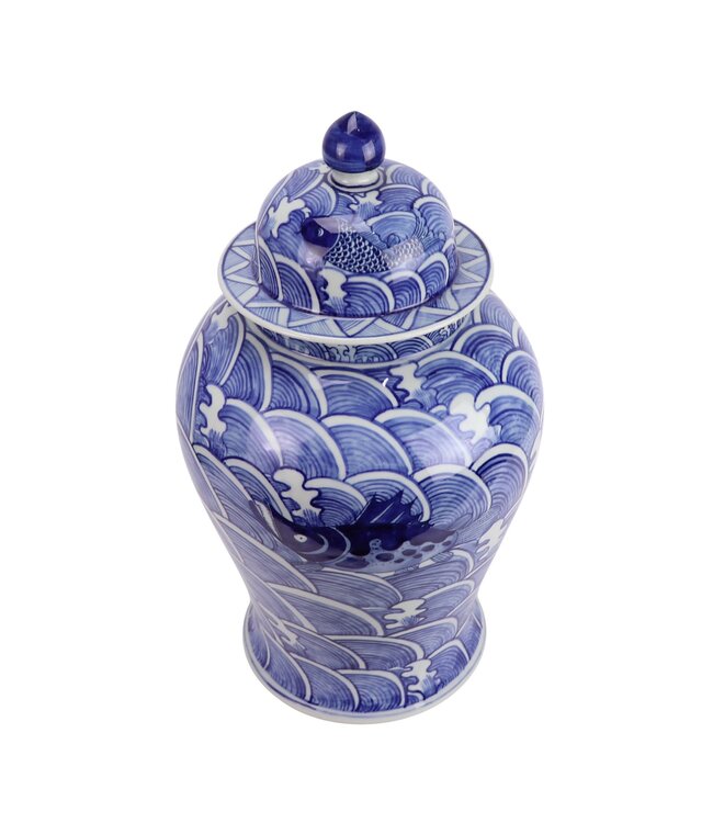 Chinese Ginger Jar Porcelain Blue White Koi Fish Hand-Painted D27xH51cm