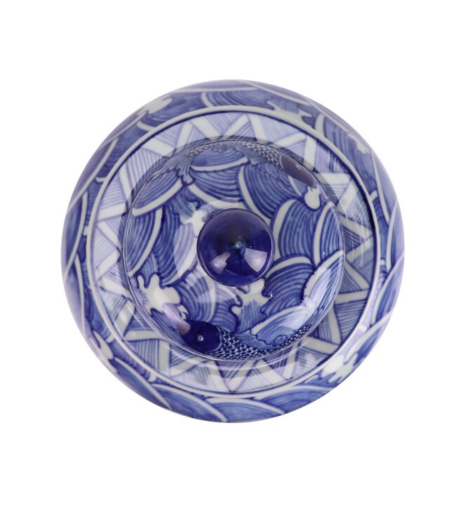 Chinese Ginger Jar Porcelain Blue White Koi Fish Hand-Painted D27xH51cm