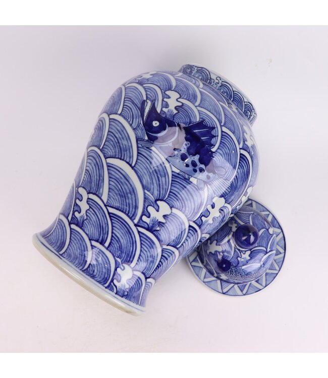Chinese Ginger Jar Porcelain Blue White Koi Fish Hand-Painted D27xH51cm