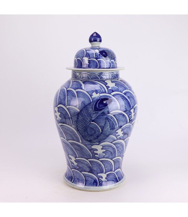 Chinese Ginger Jar Porcelain Blue White Koi Fish Hand-Painted D27xH51cm