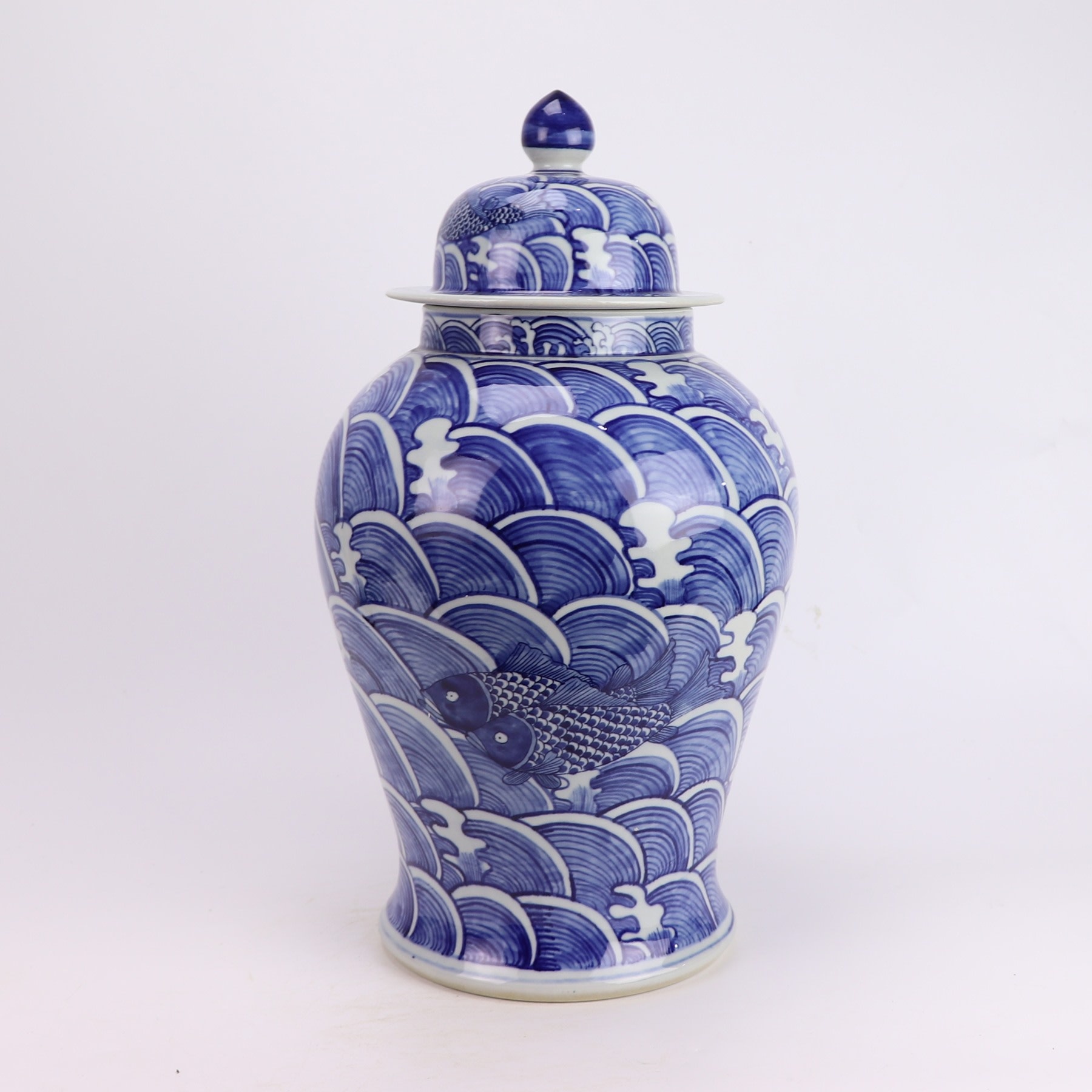 Chinese Ginger Jar Porcelain Blue White Koi Fish HandPainted D27xH51cm