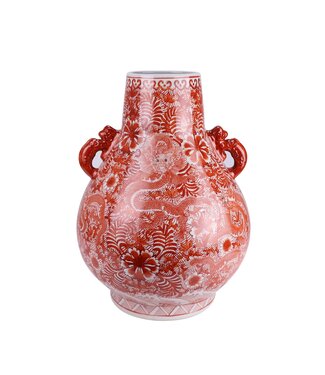 Fine Asianliving Vase Chinois Porcelaine Rouge Dragon Peint à la Main D36xH50cm