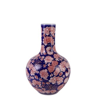 Fine Asianliving Chinese Vase Porcelain Blue Red Peonies Hand-Painted D23xH35cm
