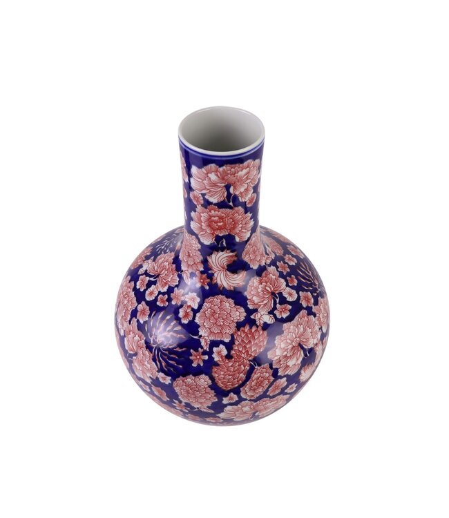 Chinesische Vase Porzellan Blau Rot Pfingstrosen Handgemalt D23xH35cm