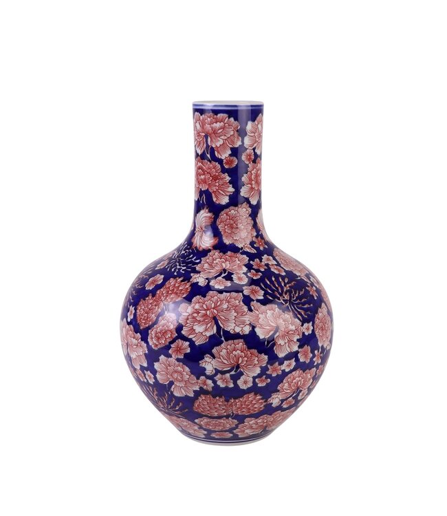Chinesische Vase Porzellan Blau Rot Pfingstrosen Handgemalt D23xH35cm
