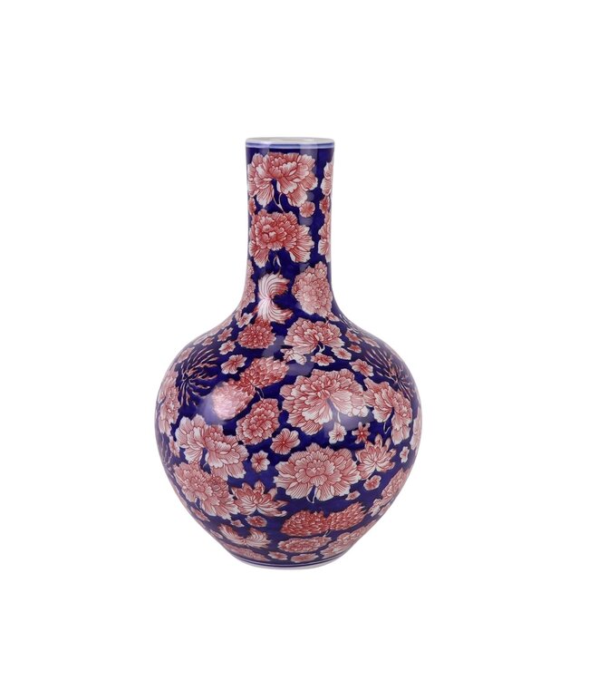 Vaso Cinese  Porcellana Blu Rosso Peonie Dipinto a Mano D23xA35cm