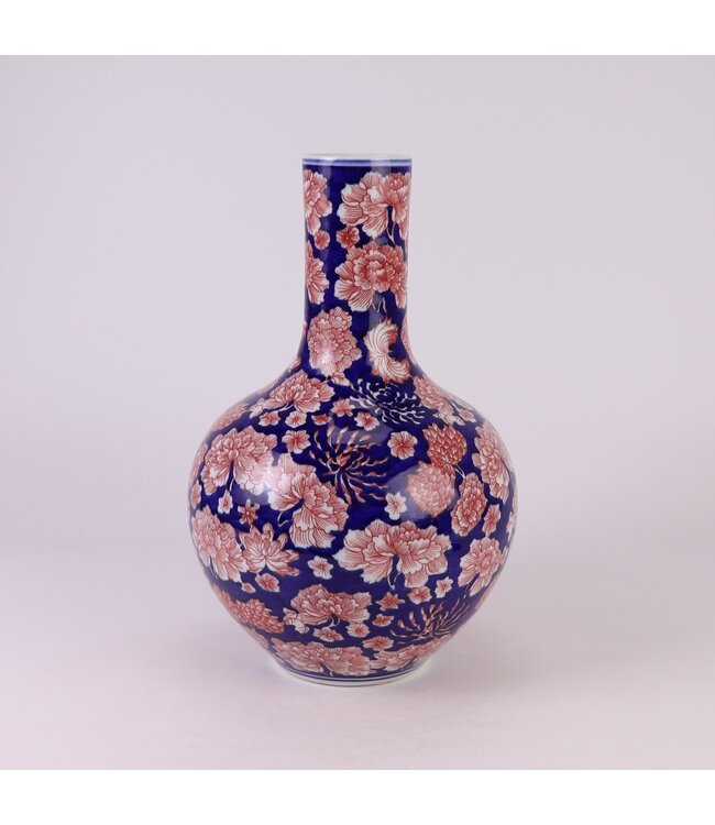 Chinese Vaas Porselein Blauw Rood Pioenen Handgeschilderd D23xH35cm