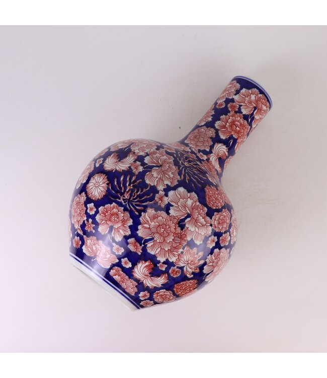 Chinese Vaas Porselein Blauw Rood Pioenen Handgeschilderd D23xH35cm