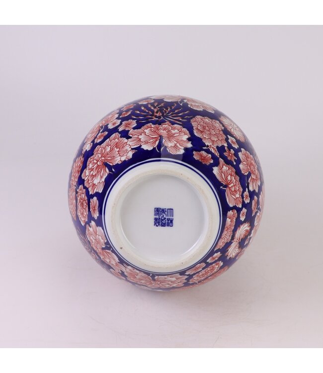 Vaso Cinese  Porcellana Blu Rosso Peonie Dipinto a Mano D23xA35cm